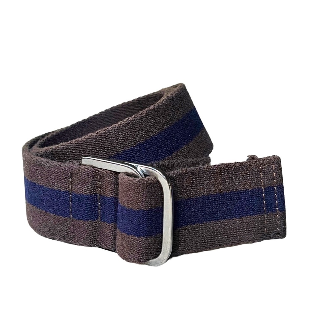 Club Monaco Navy Blue & Brown Striped Canvas Belt, sz Medium